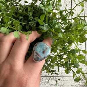 Larimar Blue Brown 7.5 Ring Sterling Silver Plated Rounded Square Gemstone